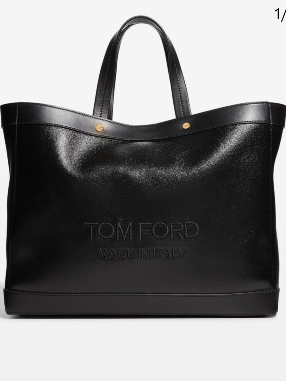 Tom Ford Black Leather Embossed Logo Tote with Gold Accents